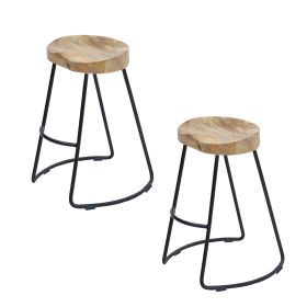 DunaWest Ela 24 Inch Mango Wood Industrial Counter Height Stool, Saddle Seat, Iron, Set of 2, Natural, Black