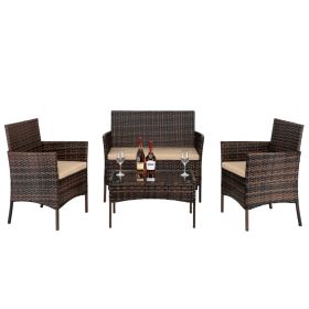 2pcs Arm Chairs 1pc Love Seat & Tempered Glass Coffee Table Rattan Sofa Set Brown Gradient-dk