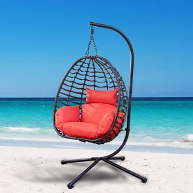 Foldable Hanging Chair, Wicker Egg Chair With Stand For Outside, 300 LBS Capacity (Grey or Red) (Color: Red)